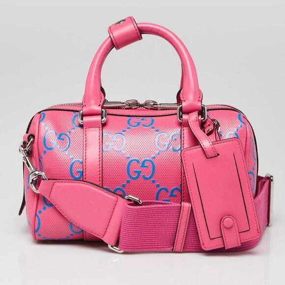 Gucci Pink/Blue GG Perforated Leather Shoulder Duffle Bag - Picture 1 of 12